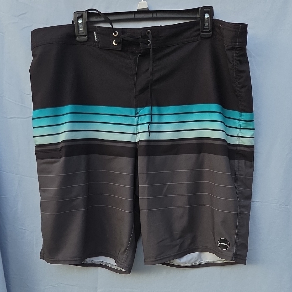 O'Neill Black Boardshorts with Teal $ Light Blue Stripes 1 Zipper Pocket Sz 38